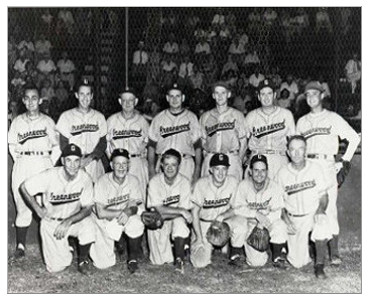Photo of the Old Timers team, Back Row - From Left: Johnny Westbrook, George Bradley, Red Reese, Grady Perkins, Ed Amelung, Frank Miller, L.H. (Speck) Barner; Front Row - From Left:Johnson J. Cox, Warner Wells, Hughie Critz, Bob Hitchens, Bob Salveson, E.F. Poland.