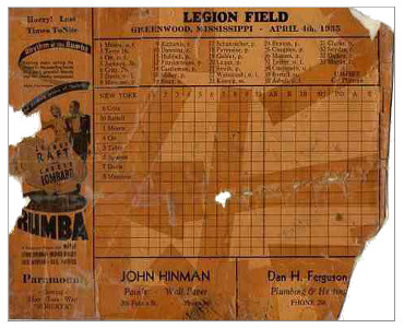 Scorecard from the exhibition game between the Giants and Indians.(Front)